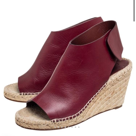 CÉLINE Burgundy Leather Open Toe Espadrille Wedge Sandals Size 37 100% Authentic - Picture 1 of 8